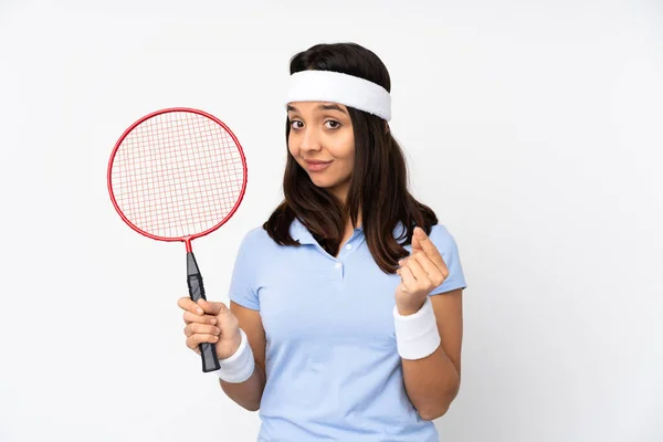 Joven Jugador Bádminton Mujer Sobre Fondo Blanco Aislado Haciendo Gesto —  Fotos de Stock