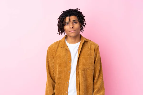 Young African American Man Corduroy Jacket Isolated Pink Background Sad — 图库照片