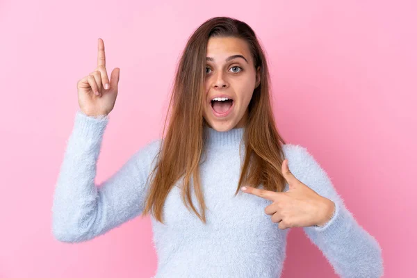 Teenager Girl Blue Sweater Isolated Pink Background Surprise Facial Expression — Stock Photo, Image