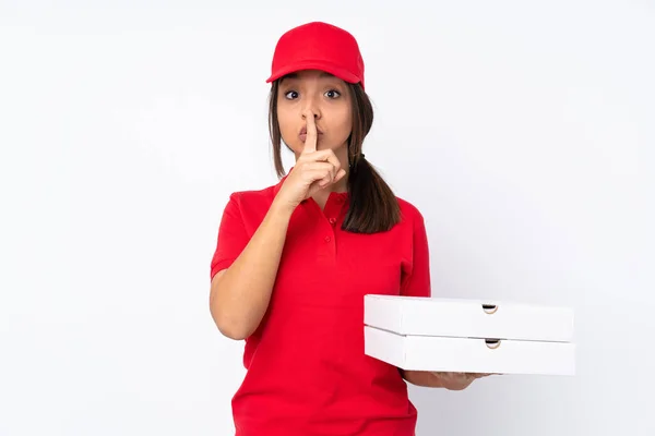 Jeune Livreuse Pizza Sur Fond Blanc Isolé Montrant Signe Silence — Photo