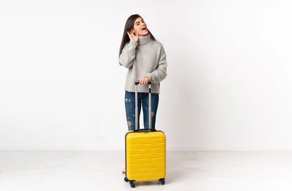 Full Length Body Traveler Woman Suitcase Isolated White Wall Listening — Stock Photo, Image