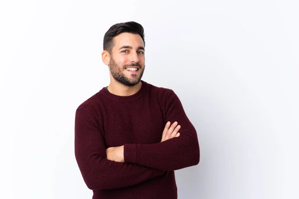 stock image Young handsome man with beard over isolated white background happy and smiling