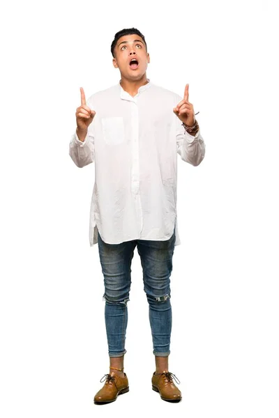 Full Length Shot Young Man Surprised Pointing Isolated White Background — 스톡 사진