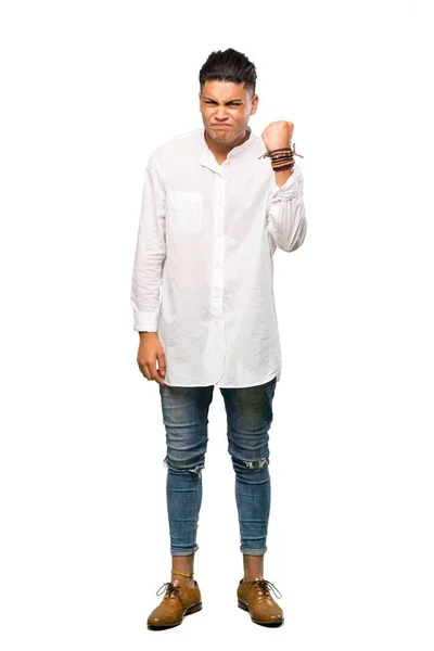 Full Length Shot Young Man Angry Gesture Isolated White Background — 스톡 사진