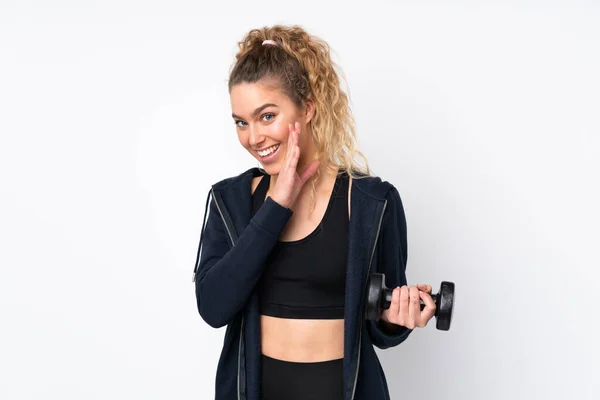 Jonge Sport Vrouw Maken Gewichtheffen Geïsoleerd Witte Achtergrond Fluisteren Iets — Stockfoto