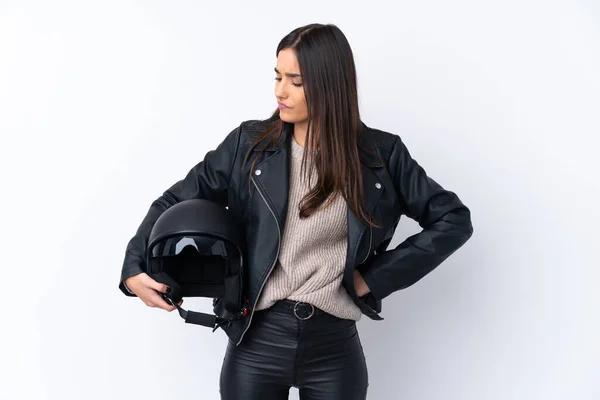 Young Brunette Woman Motorcycle Helmet Isolated White Background Sad Expression — 스톡 사진