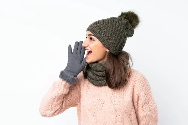 Young Girl Winter Hat Isolated White Background Shouting Mouth Wide — Stock Photo, Image