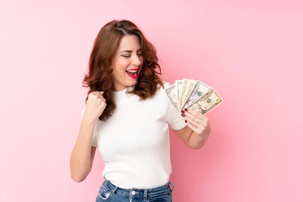 Young Russian Woman Isolated Pink Background Taking Lot Money — ストック写真