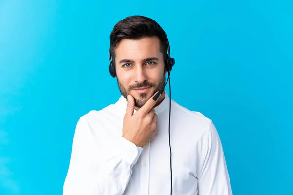 Telemarketer Man Working Headset Isolated Blue Background Laughing — Stock Photo, Image