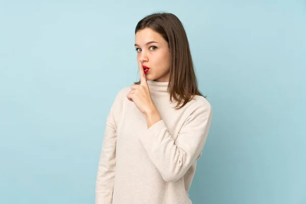 Teenager Girl Isolated Blue Background Doing Silence Gesture — Stock Photo, Image