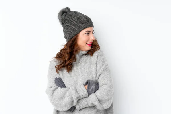 Young Russian Woman Winter Hat Isolated White Background Looking Side — Stock Photo, Image