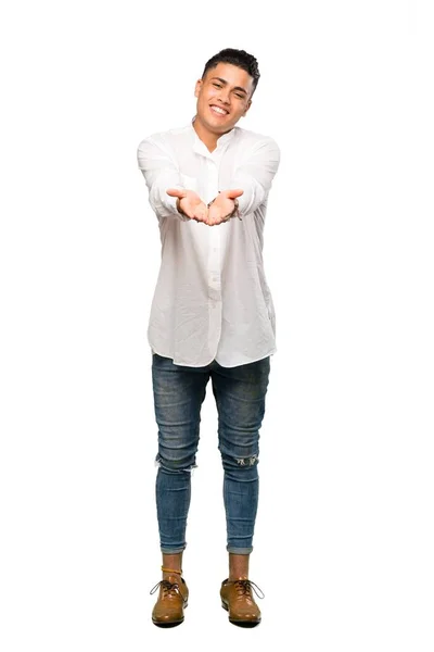 Full Length Shot Young Man Holding Copyspace Imaginary Palm Insert — 스톡 사진