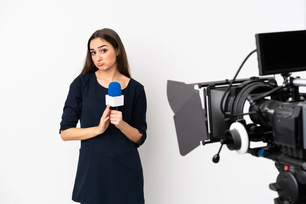 Reporter Woman Holding Microphone Reporting News Isolated White Background Keeps — Stock Photo, Image