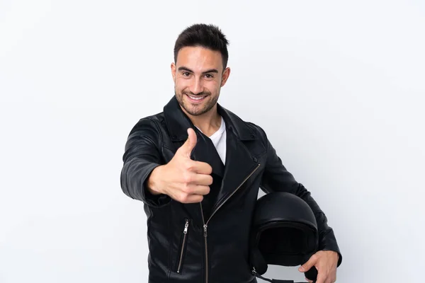 Homem Com Capacete Motocicleta Com Polegares Para Cima Porque Algo — Fotografia de Stock