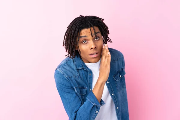 Young African American Man Jean Shirt Isolated Pink Background Whispering — 스톡 사진