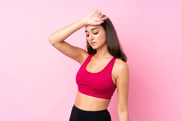 Young Sport Girl Isolated Pink Background Tired Expression — 스톡 사진