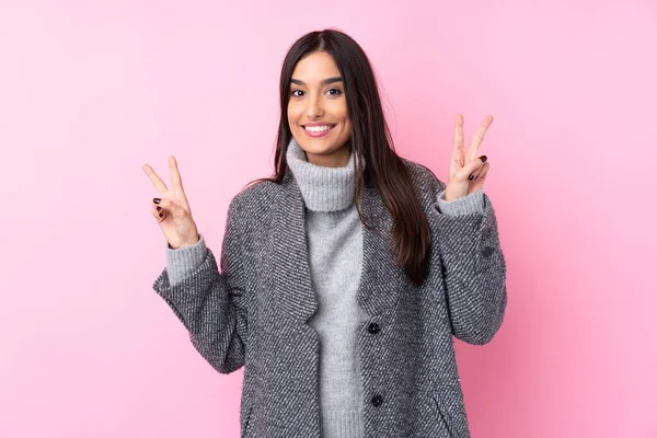 Young Brunette Woman Isolated Pink Background Showing Victory Sign Both — 스톡 사진