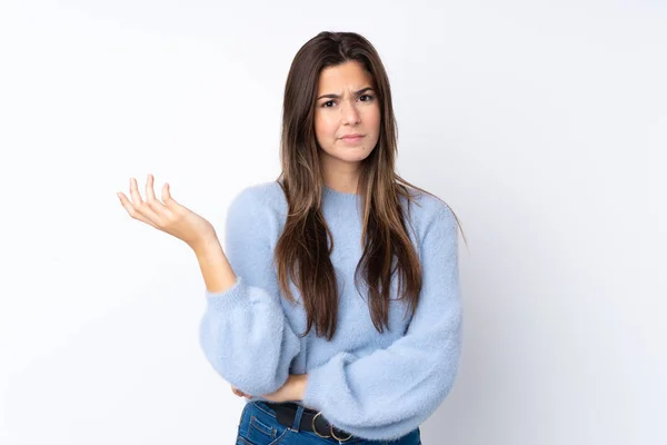 Adolescente Menina Sobre Isolado Fundo Branco Infeliz Por Não Entender — Fotografia de Stock