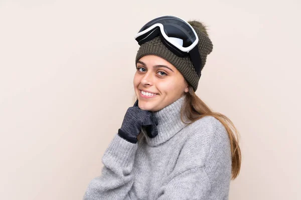 Tiener Skiër Meisje Met Snowboarden Bril Geïsoleerde Achtergrond Kijken Kant — Stockfoto