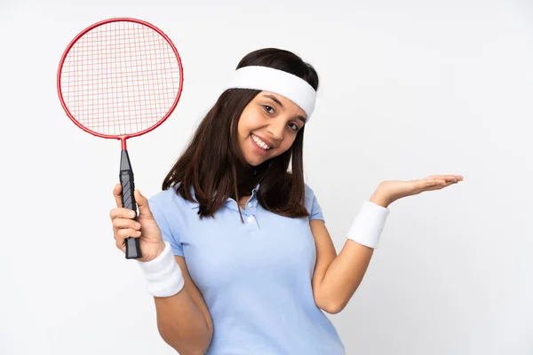 Joven Jugador Bádminton Mujer Sobre Fondo Blanco Aislado Extendiendo Las —  Fotos de Stock