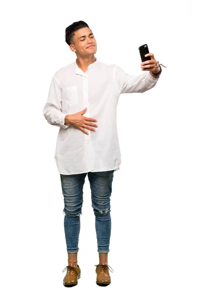 Uno Scatto Completo Giovane Che Selfie Uno Sfondo Bianco Isolato — Foto Stock