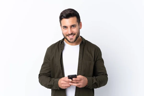 Junger Gutaussehender Mann Mit Bart Vor Isoliertem Weißen Hintergrund Sendet — Stockfoto