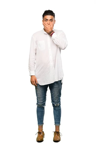 Full Length Shot Young Man Covering Mouth Hands Isolated White — Stock Photo, Image