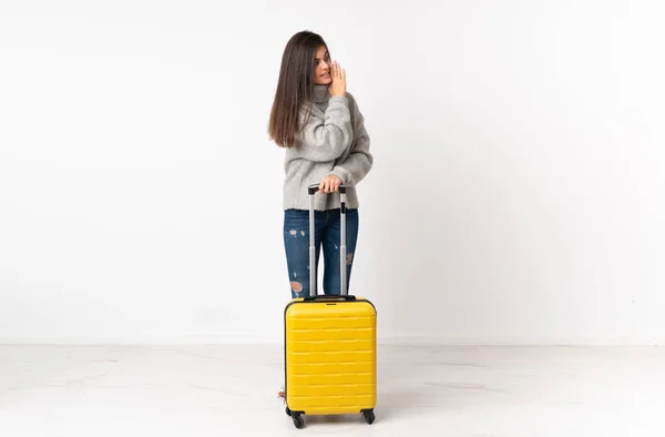 Full Length Body Traveler Woman Suitcase Isolated White Wall Whispering — Stock Photo, Image