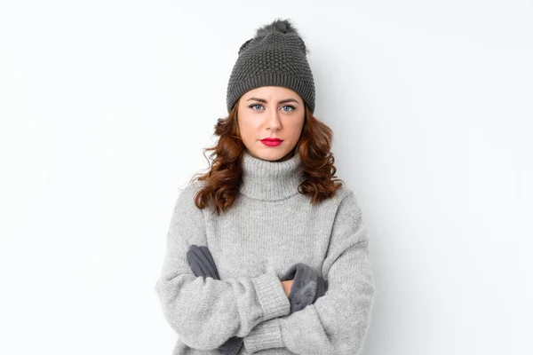 Young Russian Woman Winter Hat Isolated White Background Keeping Arms — Stock Photo, Image