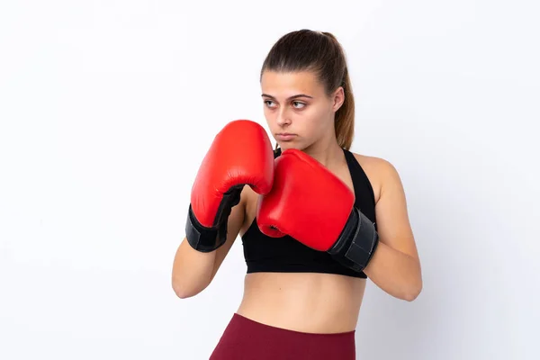 Teenager Sport Mädchen Über Isolierten Weißen Hintergrund Mit Boxhandschuhen — Stockfoto