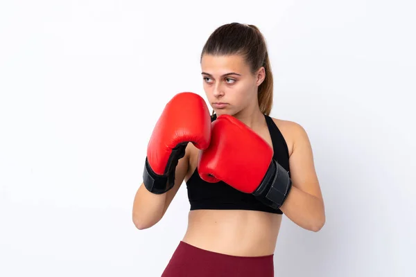 Adolescente Chica Deportiva Sobre Fondo Blanco Aislado Con Guantes Boxeo — Foto de Stock