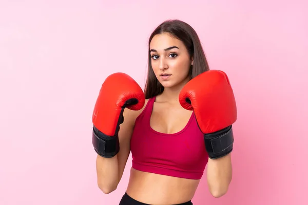 Young Sport Girl Isolated Pink Background Boxing Gloves — Stock Photo, Image