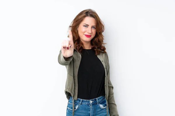 Jovem Mulher Russa Sobre Fundo Branco Isolado Mostrando Levantando Dedo — Fotografia de Stock