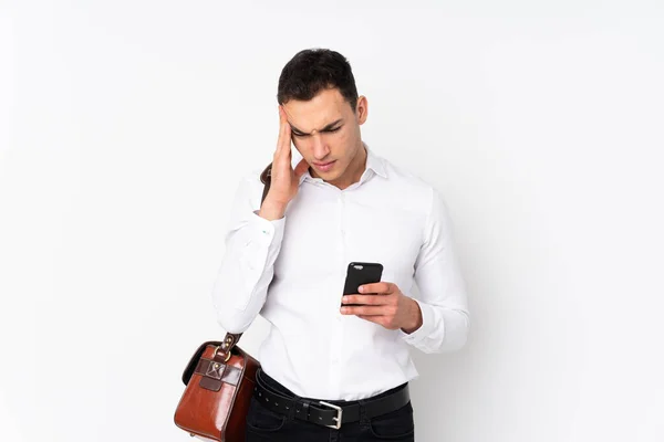 Joven Hombre Negocios Guapo Sobre Fondo Aislado Con Dolor Cabeza —  Fotos de Stock