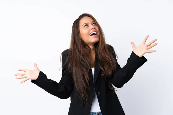 Young Brazilian Girl Blazer Isolated White Background Surprise Facial Expression — Stock Photo, Image