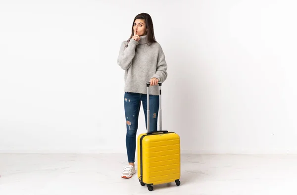 Full Length Body Traveler Woman Suitcase Isolated White Wall Doing — Stock Photo, Image