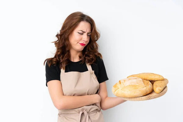 Woman Chef Uniform Female Baker Holding Table Several Breads Sad Stock Picture