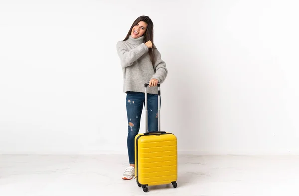 Full Length Body Traveler Woman Suitcase Isolated White Wall Celebrating — Stock Photo, Image