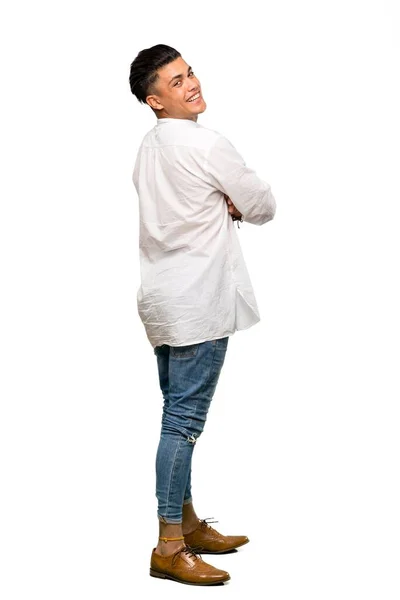 Full Length Shot Young Man Arms Crossed Happy Isolated White — 스톡 사진