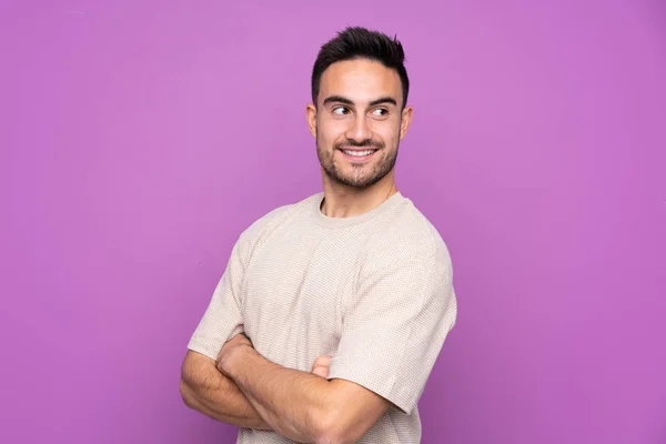 Young Handsome Man Isolated Purple Background Arms Crossed Happy — 스톡 사진