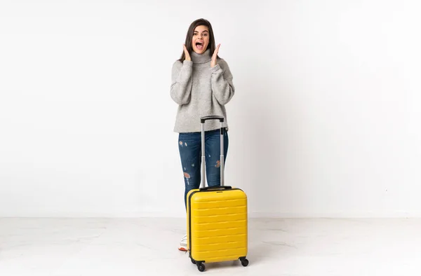 Full Length Body Traveler Woman Suitcase Isolated White Wall Surprise — Stock Photo, Image