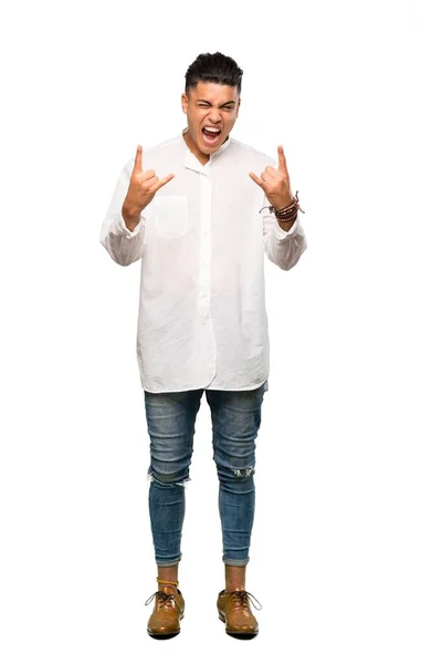 Full Length Shot Young Man Making Rock Gesture Isolated White — Stock Photo, Image
