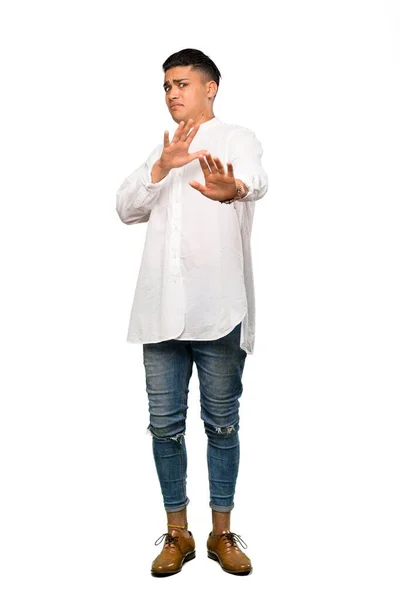 Full Length Shot Young Man Nervous Stretching Hands Front Isolated — Stock Photo, Image