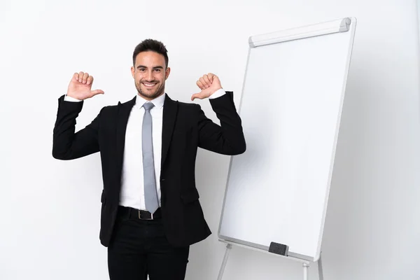 Young Man Giving Presentation White Board Proud — Stock Photo, Image