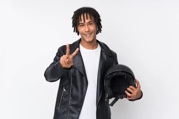 Young African American Man Holding Motorcycle Helmet Isolated White Background — Stock Photo, Image