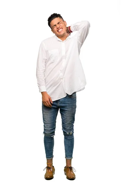Full Length Shot Young Man Neckache Isolated White Background — 스톡 사진