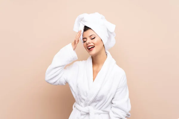 Teenager Girl Bathrobe Isolated Background Laughing — Stock Photo, Image