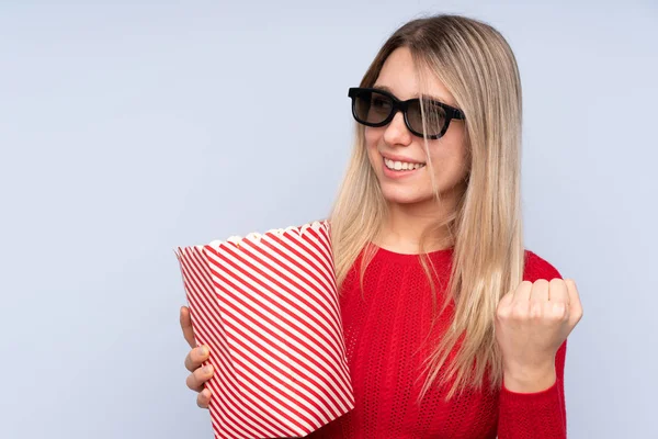 Young Blonde Woman Isolated Blue Background Glasses Holding Big Bucket — 스톡 사진
