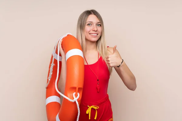 Bagnino Donna Sfondo Isolato Con Pollici Perché Qualcosa Buono Successo — Foto Stock