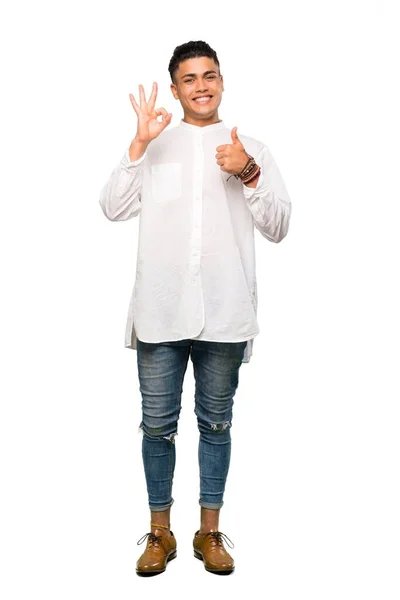 Full Length Shot Young Man Showing Sign Thumb Gesture Isolated — Stock Photo, Image